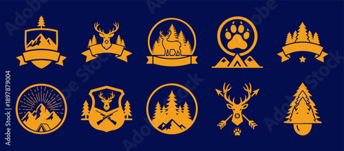 Collection of rustic outdoor adventure and hunting emblems featuring mountains, deer, and nature Vector