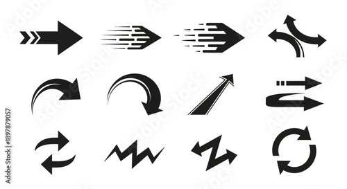 Collection of abstract black arrow designs with varying shapes and styles