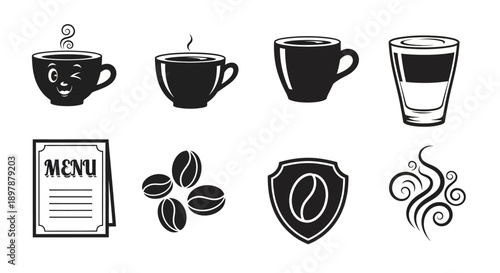 Black and white coffee themed icons including cups beans and a menu