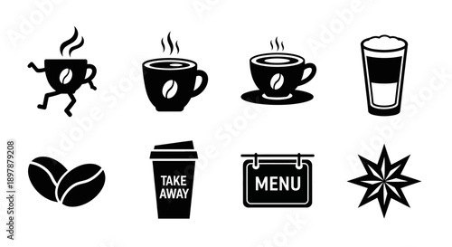 Black and white icons depicting coffee beans and related cafe elements