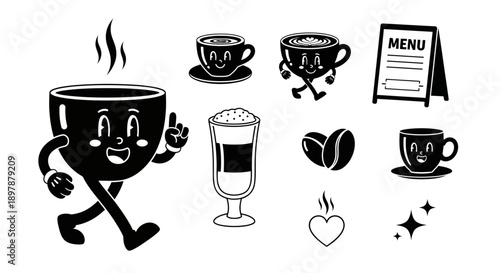 Charming black and white illustration of coffee cups and related elements