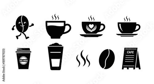 Coffee themed icons beans cups and takeaway containers in black
