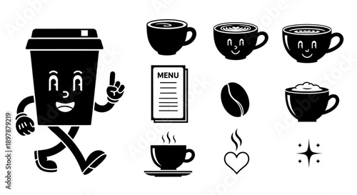 Black and white illustration of coffee cups beans and a cartoon character
