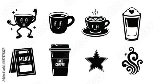 Charming black and white coffee icons with playful and decorative elements