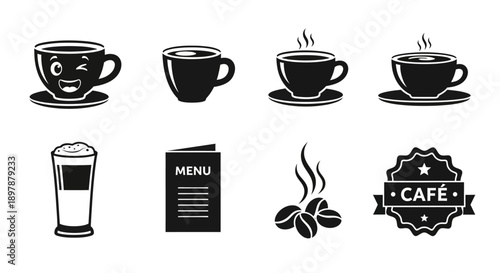 Black and white illustration of coffee cups menu and coffee beans