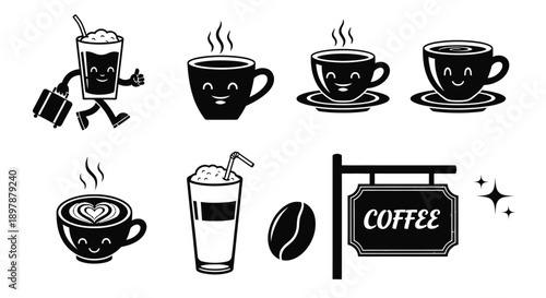 Charming black and white illustrations of coffee cups and related items