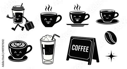 Charming coffee illustrations cups beans and a welcoming coffee shop sign