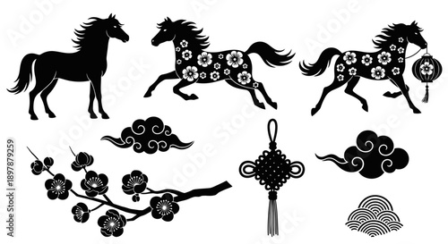 Black silhouettes of horses floral designs and traditional chinese elements