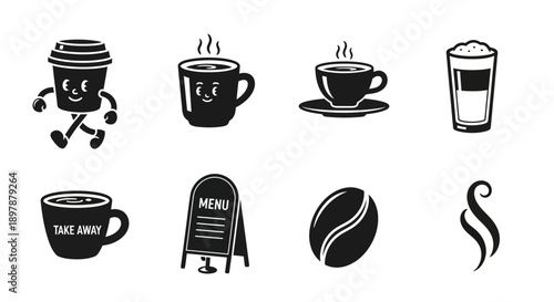 Black and white collection of coffee related icons and illustrations
