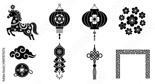 Black and white chinese new year icons featuring a horse and lanterns