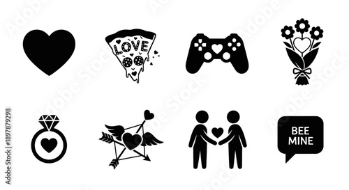 Collection of black silhouette icons representing love hobbies and relationships