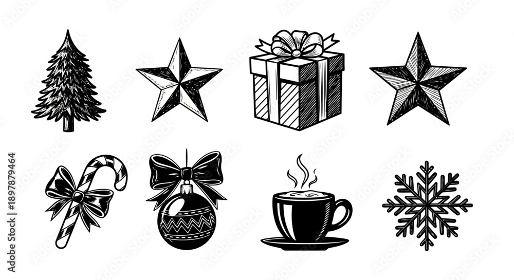 Obraz premium Black and white christmas themed illustrations with various festive elements