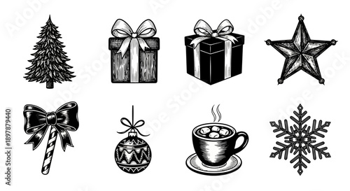 Vintage christmas icons tree gifts ornaments and cozy winter elements