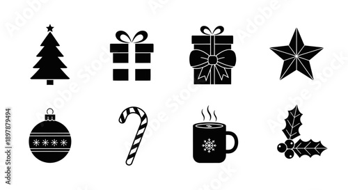Black and white holiday icons depicting christmas decorations and winter themes