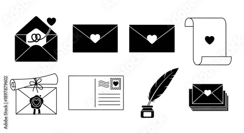 Black and white icons depicting various forms of correspondence and love