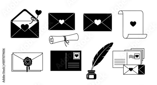 Black and white illustrations depicting love letters envelopes and romantic correspondence