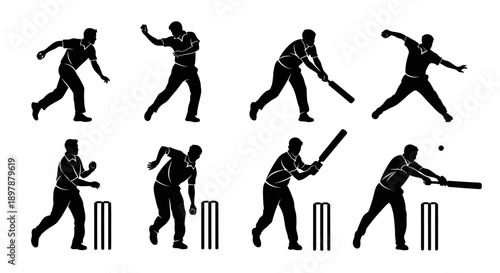 Silhouettes of cricketers in various batting and bowling actions
