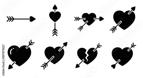 Black silhouettes depicting arrows piercing hearts symbolizing love and heartbreak