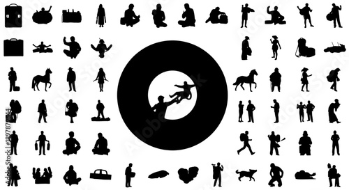Silhouettes of people animals objects and a large circular design