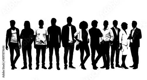 Group of people standing together in a black and white silhouette