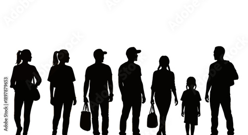 Silhouetted family group stands against a warm gradient orange sunset