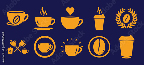 A collection of diverse golden coffee icons and symbols on a deep blue background Vector