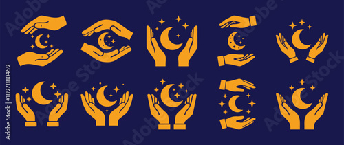 Collection of mystical hands embracing a glowing crescent moon and sparkling stars Vector