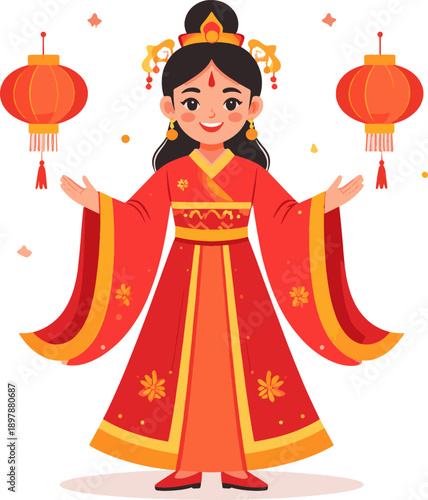 A cheerful cartoon girl in traditional red Chinese dress with two lanterns, celebrating culture.