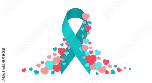 Teal Ribbon of Support: A turquoise ribbon, adorned with delicate hearts, symbolizing hope and solidarity for those affected by an important cause. Expressing care and compassion.