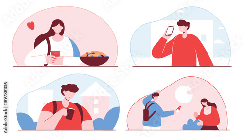 Four different scenes illustrating various daily life activities and personal interactions among people
