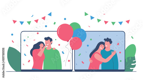 Couples celebrating a long distance relationship milestone through a joyous virtual video call party