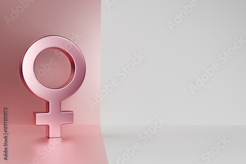 3D Render of Pink Female Gender Symbol on Split Pink and White Background with Copy Space