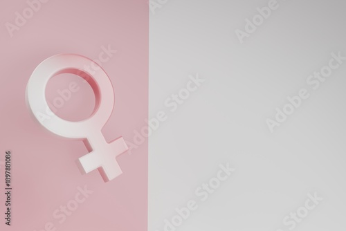 3D Render of White Female Gender Symbol on Soft Pink and White Split Background with Copy Space