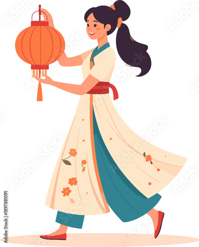 A young woman in traditional East Asian attire holding an orange lantern, celebrating a festival.