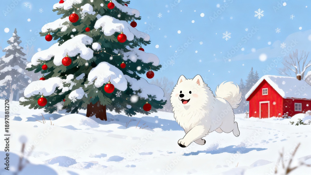 Fototapeta premium Snowy Christmas scene with dog and tree