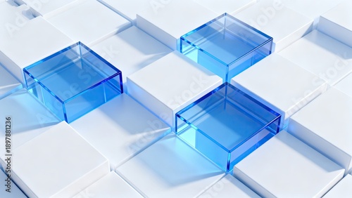 Blue glass cubes on white grid