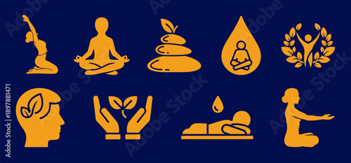 Diverse set of holistic wellness symbols representing peace, health, and natural living Vector