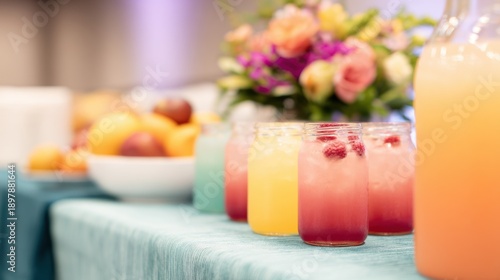 Colorful drinks and flowers on display at event table in a banquet hall