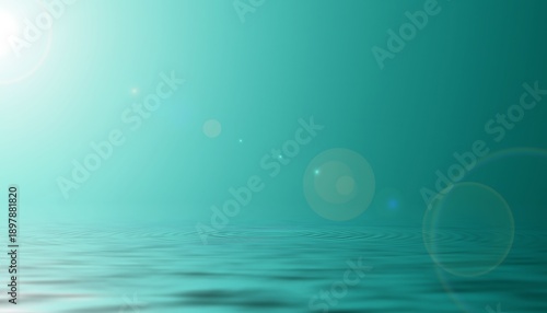 Abstract teal background with serene water ripples and bright lens flares. Tranquil, refreshing, clean atmosphere reflecting light on a calm surface, peaceful gradient.