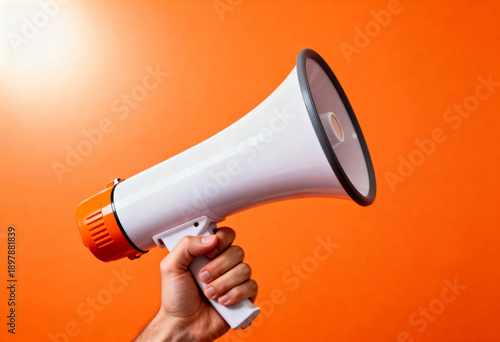 Hand holding white megaphone against vibrant orange background for announcement