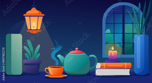 Cozy evening reading and tea illustration, vector art for a peaceful ambiance