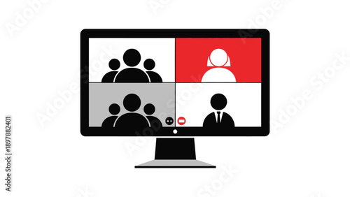 Computer screen displays a grid of four different video conference participants for virtual meetings