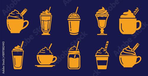 A vibrant collection of stylized yellow icons depicting various coffee and dessert drinks with toppings Vector