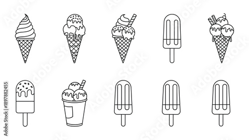 Collection of ten delicious ice cream and popsicle outline icons for summer treats