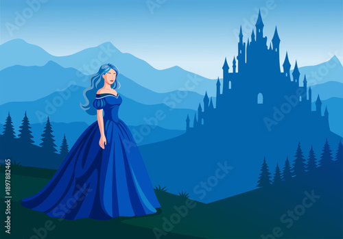 Vector illustration of a fantasy princess in a blue gown with a majestic castle in the background, serene mountain landscape