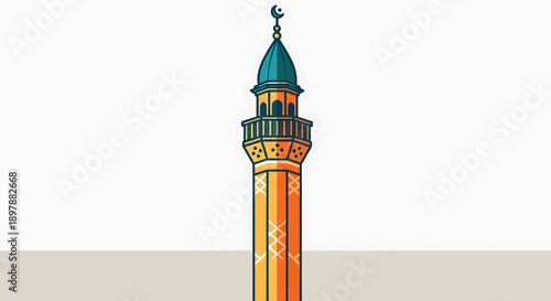 Islamic architecture minaret tower with crescent moon symbol vector illustration for religious design projects islamic cultural landmark icon flat design style for middle east theme