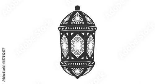 Islamic lantern with geometric patterns, traditional Ramadan decoration, Arabic ornament, cultural symbol, elegant night light, ornamental lighting, festive illumination, sacred Ramadan.