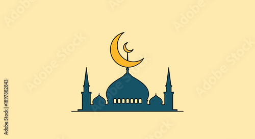 Mosque silhouette with large and small crescent moon icons above dome for ramadan night celebration and islamic prayer times announcement in simple flat vector graphic design