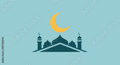 Islamic architecture mosque symbol with golden crescent moon on blue background, concept of Muslim worship place and religious tradition