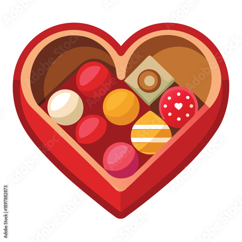 Heart shaped box of chocolates with sweet candy for Valentine gift isolated on white background